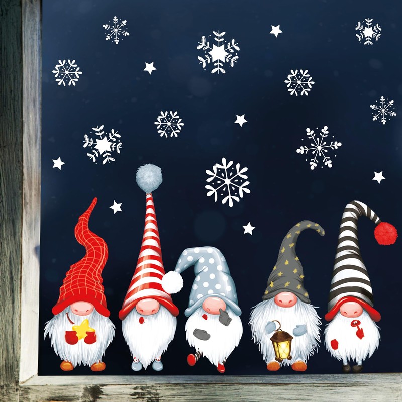 Window Sticker Christmas Winter 5 Gnomes Gnome and Snowflakes Window