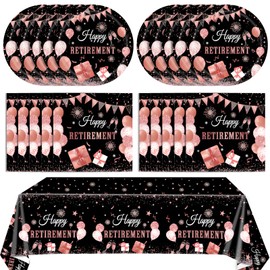 41PCS Retirement Decorations for Women Black Rose Gold Themed Retirement Decor Plates Napkins Tablecloth Set for Retirement Party Supplies