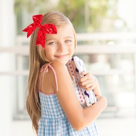 Glitter Cheer Bow Clip - 5 Inch Sequin Hair Bow with Tails for Girls Teen Softball Cheerleader Outfit Uniform-Red