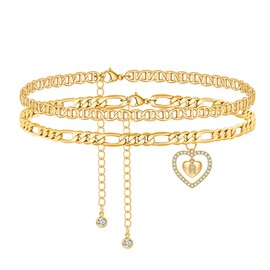FUNEIA Anklet Gold for Women 18K Gold-Plated Anklet Waterproof Gold with Zirconia Heart Letter Pendant Adjustable Summer Beach Anklet Foot Jewellery for Girls, Gold