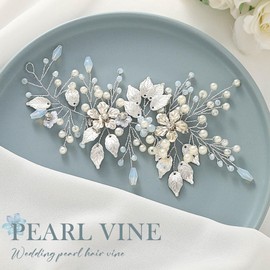 Vakkery Pearl Wedding Hair Accessories Silver Leaf Flower Hair Vine Headpiece Crystal Bridal Hair Accessories for Women and Girls