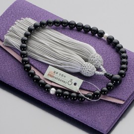 Buddhist Altanya Takita Shoten Prayer Beads for Women, Black Onyx, 2 Tea Freshwater Pearls, 0.3 inch (7 mm) Balls, Pure Silk Head, Rosary Bag Included, Kyoto Prayer Beads Certificates Included