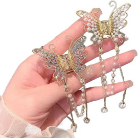 2Pcs Butterfly Hair Claw Clips,Gold Flower Lily of the Valley Butterfly Hair Claw Clips with Tassel Metal Pearl Nonslip Clamps Styling Accessories for Thick Long Hair Women Small