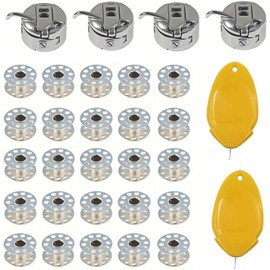 4 PCS Bobbin Cases with 25 Sewing Machine Bobbins with 2 Needle threaders, Universal Front-Loading 15 Class Sewing Machine Accessories for Craft Sewing