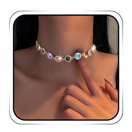 JEAIRTS Multi-color Rhinestone Choker Necklace Sparky Crystal Chokers Glitter Party Prom Necklace Chain Jewelry for Women