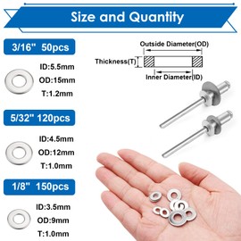 Seept 320PCS Silver Pop Rivet washers Assortment kit for Pop Rivets Diameter 1/8",5/32",3/16" 304 Stainless Steel pop Rivet Washer Aluminum pop Rivet washers Blind Rivet Washer