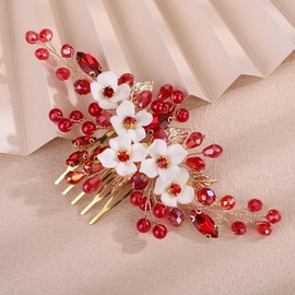 Rumtock Red Crystal Beads 3D White Rose Flower Hair Comb for Wedding Women Bridal Handmade Gold Hair Piece Accessories (Red)