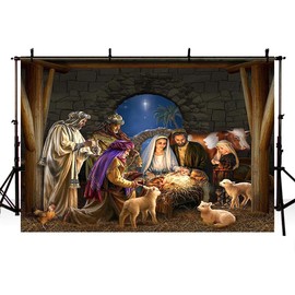 MEHOFOND 7x5ft Nativity Scene Backdrop Starlight Holy Family And Three Kings Religious Belief Photographic Background Bible Story Outdoor Christmas Decoration Church Religious Christian Photo Props
