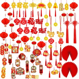 142 PCS Chinese New Year Decorations 2026 Chinese Knot Chinese Hanging Good Luck Ornaments Red Lanterns Festive Tree Lunar New Year Decorations Spring Festival Hanging for Car Tree Decor