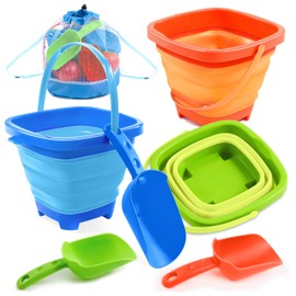 Sloosh 3-Pack Collapsible Sand Toys - Square Foldable Pail Silicone Beach Water Bucket with 3 Shovels for Sandbox Play, Party in Summer Portable Toddler Kids Toys Beach Travel (Orange/Blue/Green)