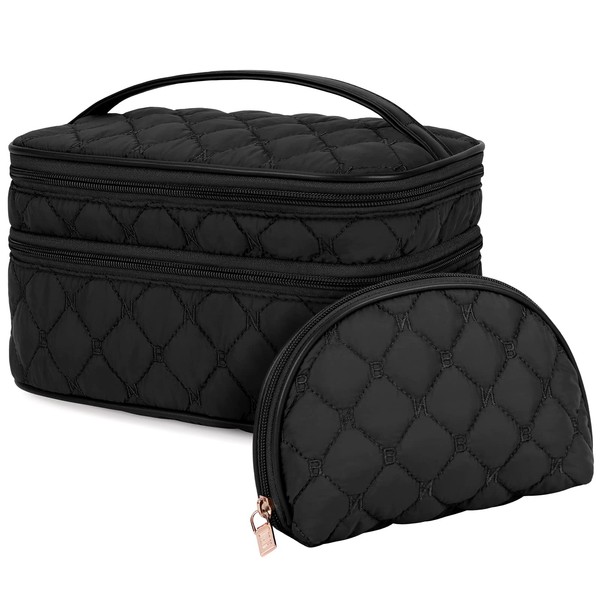 NUBILY Make Up Bag for Women Portable Cosmetic Bag Large Toiletry Bag Double Layer Makeup Organiser Bag Girl Waterproof Vanity Case Black