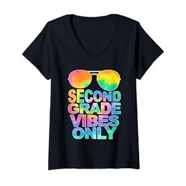 Womens Second Grade Vibes Only Sunglasses Back To School Tie Dye V-Neck T-Shirt