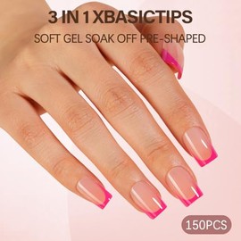 Misssix XBASICTIPS Uñas francesas a presión, 150 unidades, uñas de gel francesas cortas y cuadradas rosas, uñas de gel suaves, preformadas, sin lima, 