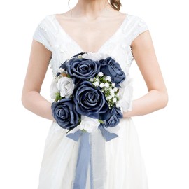 Ramo de boda para novia, diseño de rosas artificiales simples prefabricadas para despedidas de soltera, ceremonia de destino, decoración de aniversario, azul marino y blanco