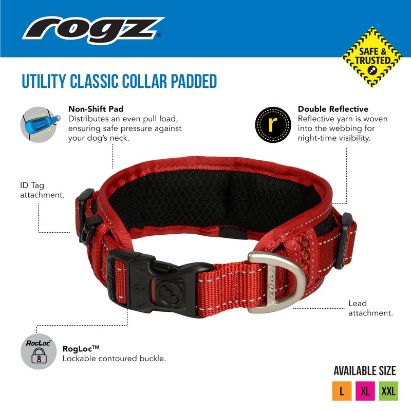 Rogz Classic Padded Dog Collar Reflective Large Black