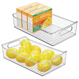 mDesign Plastic Kitchen or Pantry Storage Bins with Handles - Organization in Cabinet, Fridge or Freezer - Fruit Container for Refrigerator or Food Organizer for Pasta, Ligne Collection, 2 Pack, Clear
