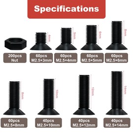 Zmbroll 620 Pieces M 2.5 Flat Head Machine Screw Black Cross Bolt Nut Set M 0.1 x 0.1 x 0.1 inch (2.5 x 3 mm), 4 mm, 5 mm, 6 mm, 8 mm, 10 mm, 12 mm, 14 mm