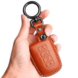 Tukellen for Key Fob Cover Genuine Leather with Keychain,Leather Key Case Protector Compatible Highlander RAV4 Camry Corolla Avalon Tacoma Tundra (only for Keyless go)-Brown