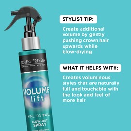 John Frieda Volume Lift Blow-Out Spray, Lightweight Volumizing Blow-Out Spray with Air-Silk Technology for Fine or Flat Hair, Adds Long-Lasting Volume, Texture, and Body for Thin hair, 4 Oz
