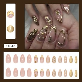 Medium Almond Press on Nails 3D Fake Nails Rhinestone Glue on Nails Golden French Stick on Nails Glossy Shiny Acrylic False Nails Full Cover Artificial Nails Reusable Nails Kit for Women Girl 24Pcs