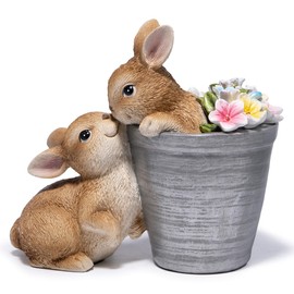 Hodao Bunny Kissing Resin Decor - Floral-Painted Planter Ornament for Easter & Spring - Indoor Outdoor Home Garden Accents(Brown)
