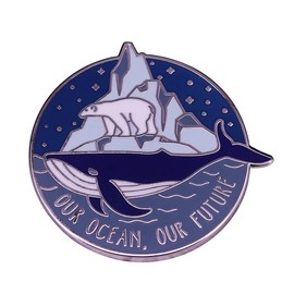 Ocean Pin Brooch, Environmental Enamel Pin, Protect the Seas, Our Ocean Our Future, Climate Change, Polar Bear and Whale, Iceberg and Ocean, 1.25 Inches, Double Post, Metal, no gemstone