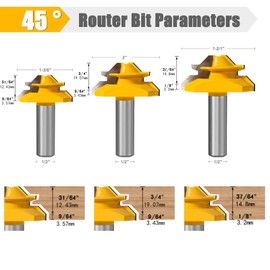 Lock Miter Router Bit,45 Degree Lock Miter Router bit 1/2 Shank,Box Joint Router Bit,3PCS, 31/64”,37/64”,3/4”, Cutting Height Joint Router Bits,Creating Lock Miter Joint,DoorWindow and Cabinet Making