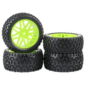 2PCS Front and 2PCS Rear Green Wheel Rim Rubber Tires for 1:10 RC Off-Road Buggy HSP Redcat HPI Arrma Exceed RC Kyosho Traxxas AE Losi