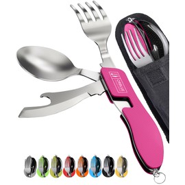 Orblue 4-in-1 Camping Utensils, 2-Pack, Portable Stainless Steel Spoon, Fork, Knife & Bottle Opener Combo Set - Travel, Backpacking Cutlery Multitool, Hot Pink