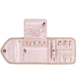 KUAK Travel Jewelry Organizer Roll, Foldable Jewelry Case Portable Jewellery Bag for Journey-Rings, Necklaces, Soft Pink
