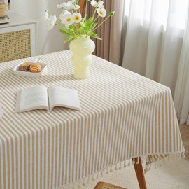 meioro Mantel a rayas beige con borlas, lino y algodón, a prueba de polvo, para comedor, café, bufé, cocina, mesas de picnic, fiestas, interiores y exteriores (55 x 118 pulgadas, beige)