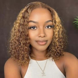 TOYERE Highlight Ombre Bob Wig Human Hair 13x6 Deep Curly Wave Lace Frontal 4/27 Colored, 200 Density Short Wigs for Women Pre Plucked with Baby Hair Natural Hairline (10 Inch)