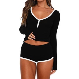 LACOZY Cotton Pajamas Women 2 Piece Long Sleeve Sleepwear Nightwear Pjs Lounge Set Sleepwear Black S