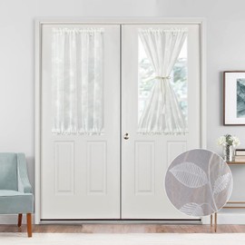 VOGOL Door White Sheer Curtains, Vine Pattern Light Filtering Short Drape with Top and Bottom Rod Pocket for Kitchen Dining Room, 25 Inch Wide by 40 Inch Long, One Panel