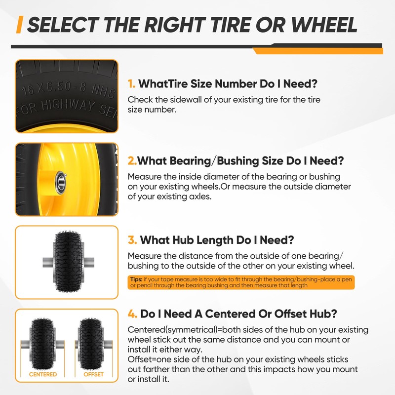 16x6.50-8 Tubeless Tire and Wheel, 16x6.5-8" Lawn Mower Tires, 3/4"