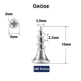 ORTAVA Pack of 200 Drywall Screws 3.9 x 16 mm, Drywall Screws Coarse Thread and Phillips Phosphated with Screwdriver Bit, Plasterboard Screw, Wood Screws (Silver)