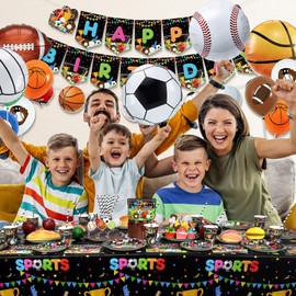 Sports Theme Birthday Party Decorations - Including Happy Birthday Banner, Tableware, Tablecloth and Balloons, Soccer Basketball Baseball Football Theme Sports Party Supplies, Serve 20 Guests
