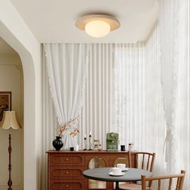 Yellow Travertine Ceiling Light, 9.8" Wabi Sabi Light Fixture with Round Travertine Stone Lampshade, White Rolling Plastic, Vintage Marble Ceiling Light for Bedroom Living Room Kitchen Island Hallway