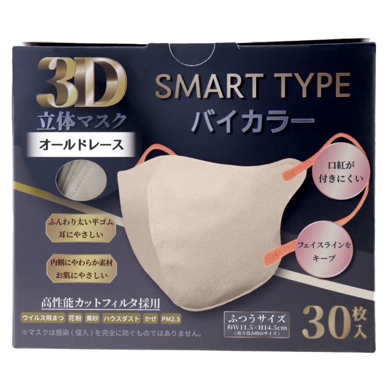 iiもの本舗 (イイモノホンポ) 3D立体マスク スマートタイプ バイカラー オールドレース ふつうサイズ 30枚入