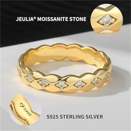 Jeulia Moissanite Women's Ring 925 Sterling Silver Engagement Ring Eternity Rings Wedding Rings with Geometric Design for Birthdays, Christmas, Valentine's Day (Yellow Gold, R-½)