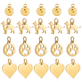 PH PandaHall Pack of 20 Stainless Steel Pendants 4 Styles Silhouette Round Heart Pendant Cute Charms with Puppy Pet Print Golden Metal Charms for Jewellery Making