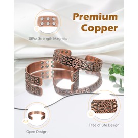 Jeracol Coppr Bracelet for men,99% Solid Pure Copper Magnetic Bracelet with 18Pcs Ultra Strength Magnets,Adjustable Bangle with Gift Box(TREE)
