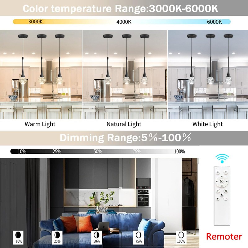 cenzoz Modern Kitchen Island Pendant Lights Black LED Dimmable Chandeliers