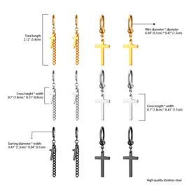 Aroncent Men's Earrings Set, Stainless Steel Stud Earrings, Unisex, Crucifix, Cross, Chain, Gothic Punk, Rock Black / Silver / Gold, Stainless Steel, 6 Pairs-3