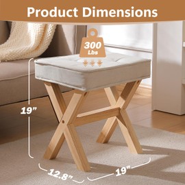 COSTASKF Ottoman Foot Stool, Upholstered Cushion Vanity Stool with Wood X-Leg,Small Make up Stool for Vanity,18 Inch Fabric Foot Stool, Rectangle Makeup Stool for Bedroom, Living Room, Beige