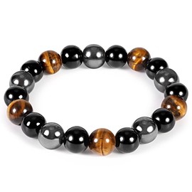 Denchy Triple Protection Bracelet, Tigers Eye - Black Obsidian and Hematite Beaded Bracelets for Men Women, Tourmaline Spiritual Natural Crystal Stone Luck Bracelet, Birthday Mother's Day Gift (10mm