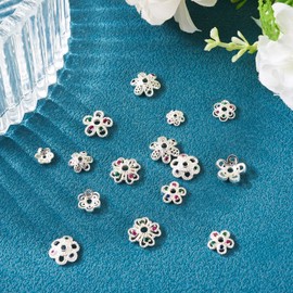 Elecrelive 16Pcs Flower Bead Caps Silver Spacer Beads with Cubic Zirconia Stone Flower Cup Shape Bails End Charms for Necklace Bracelet Earring Jewelry Supplies
