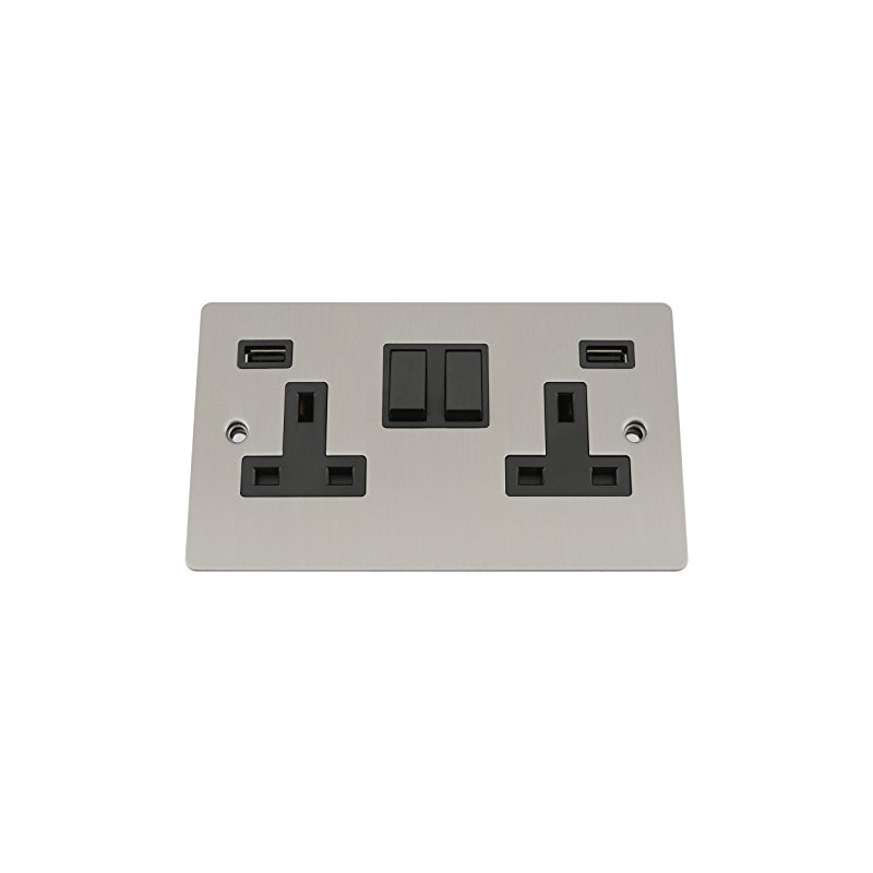 USB Socket 2 Gang - Satin Matt Chrome - Flat