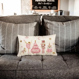 Christmas Pillow Covers 12x20 Inch Pink Golden Nutcracker Christmas Decor Winter Holiday Party Cushion Case Decoration for Sofa Couch