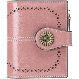 Small Womens Wallet Leather Bifold Card Holder RFID Blocking with Zipper Coin Pocket - Color: 1-Wax-A-Pink